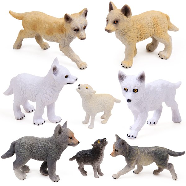 RESTCLOUD 8Pcs Wolf Cub Toy Figure Set Baby Wolves Animals Figurines