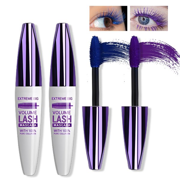 LZXLUKGIR Blue Purple Mascara for Eyelashes,2PCS 5D Colored Silk Fiber Mascara Volume and Length Waterproof,Natural Lengthening Curling Volumizing Mascara Tubing Mascara for Women Mascara Makeup