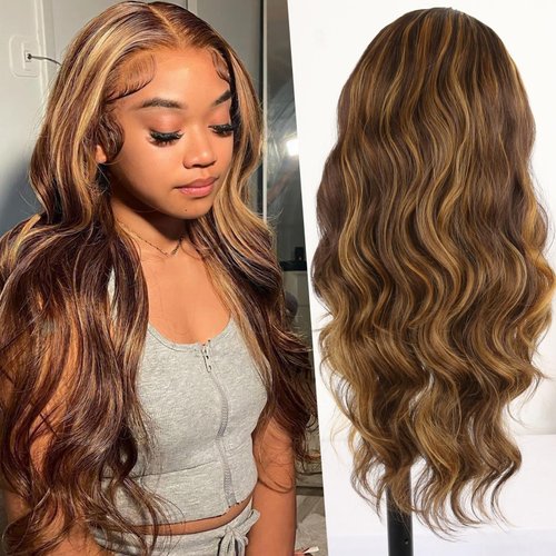 LEOSA Long Body Body V Part Wig for Black Women Highlight Brown U/V Part Wig Highlight Full Head Clip In Hair Extensions Long Body Wave Wig for Women Synthetic Hair Replacement Wig (24Inch 4H27#)