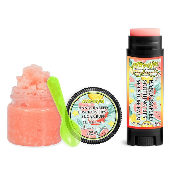 Mai Tai Punch Soothing & Luscious Lips by OverSoyed Exfoliator & Chapped Lip Repair Lip Care Combo | Artisan Handcrafted to Order Tropical Pineapple Grapefruit Orange Lime Mango Flavored Exfoliating Sugar Lip Scrub & Lip Moisturizer Balm Gift Set
