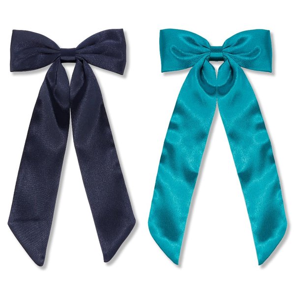 Ahoney 2Pack Satin Hair Bow Hair Clips for Women Girls, Hair Ribbons for Hair Ponytail Cute Hair Ties with Long Tail, Bow for Hair Accessories Bow Barrettes Women (Navy blue&Green)