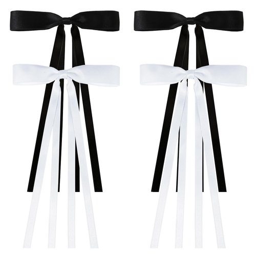 NYXXZ Bow Hair Clips for Girls, 4Pcs Tassel Bow Long Tail Hair Clips Ribbon Bowknot Hair Bow, Women's Hair Clips Ribbon Hair Ties Barrettes Hair Accessories (Black and White)