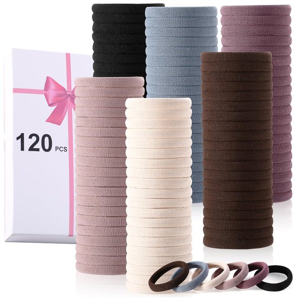 LuSeren 120 Pcs No Damage Hair Ties for Women Thick Hair, SAtretchy Soft Seamless Nylon Cloth Elastic Hair Ties Ponytail Hair Holders Hair Elastics Hair Band for Women Hair Accessories Neutrals Color