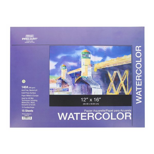 PRO ART Watercolor Paper Pad, 12-inch x 16-inch, 15 Sheet Block, White