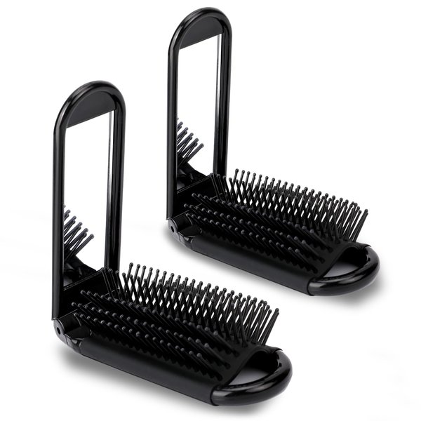 Foldable Hair Brush, 2 PCS Folding Hair Brush with Mirror Portable Hair Brush Pocket Hair Massage Comb Compact Hair Brush Mini Wet Hair Brush Travel Hair Brush for Women Girls Men Wet Dry Hair