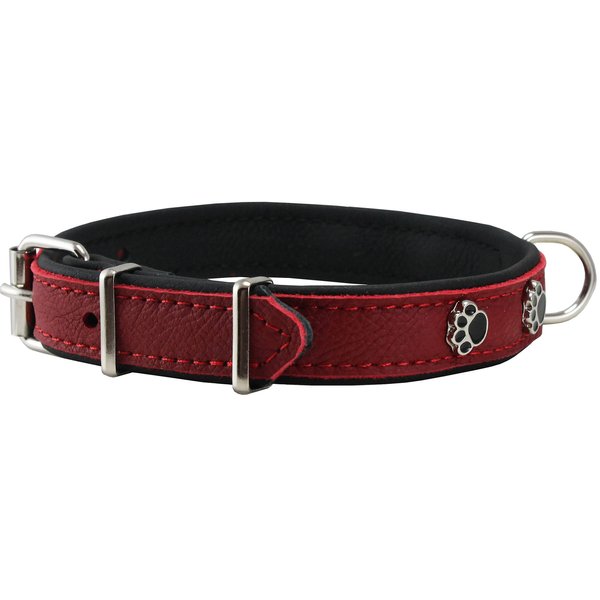 Genuine Red Leather Metal Paw Studs Soft Red Leather Padded Dog Collar 5/8" Wide. Fits 10"-12" Neck.