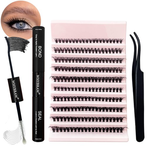 Lash Extension Kit D Curl Lash Clusters WHYBRAW Eyelash Extension Kit with 7 Days Long Lasting Bond Lash Bond and Seal 200 Pcs Natural Individual Lashes Kit with Cluster Lash Tweezers