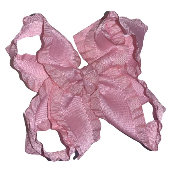 Pink Double Ruffle Satin Ribbon Boutique Hair Bow 4" with Tails