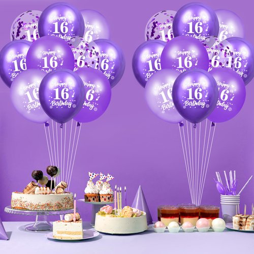 16th Birthday Balloons 24Pcs Purple Happy 16th Birthday Latex Balloons Confetti Balloons Purple Sweet 16th Birthday Party Decorations for Girls 16th Birthday Anniversary Party Supplies Decor 12 inches