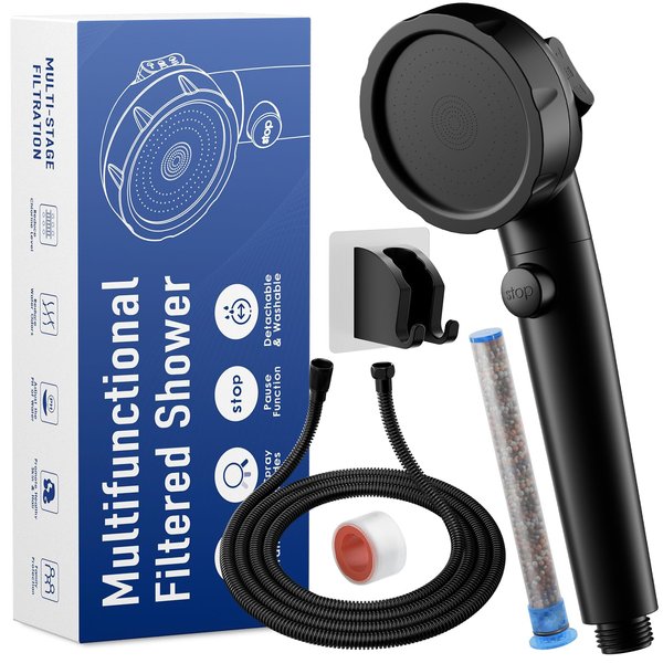 JONKEAN RV Shower Head with Hose, Filtered Shower Head for Hard Water, High Pressure Handheld Shower Head with On Off Switch, Handheld Shower Head with Filter for Dry Hair & Skin (Matte Black)