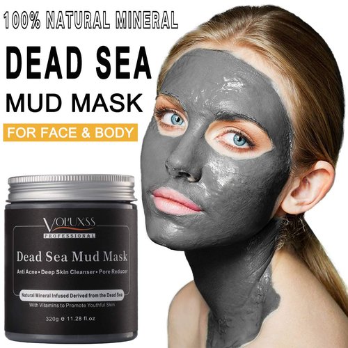 Voluxss Dead Sea Mud Mask for Face and Body,Deep Cleansing Face Mask for Acne,Pore Minimizer,Natural Skincare Charcoal Blackheads Remover,Skincare Spa Clay Facial Mask for Women & Men 11.28fl.oz