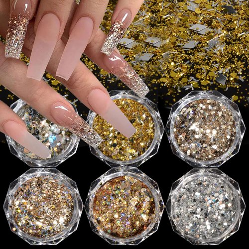 BAIYIYI Holographic Nail Glitter 6 Boxes Nail Art Sequins Sparking Vintage Gold Chunky Glitter Sequins Flakes Nail Art Design Manicure Tips Decoration