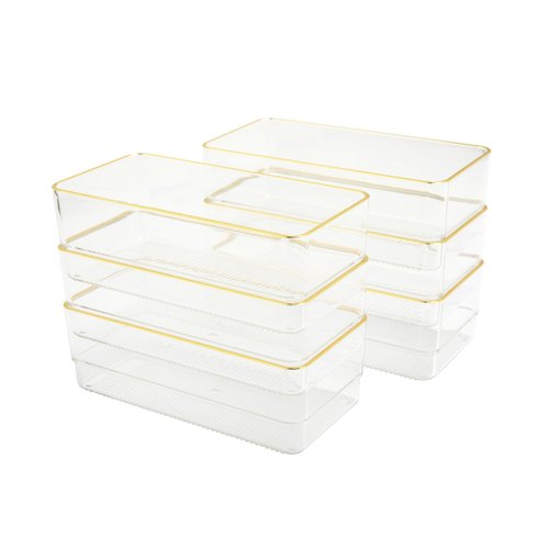 Martha Stewart Kerry Plastic Stackable Office Desk Drawer Organizers, 6" x 3", 6 Pack, with Gold Trim
