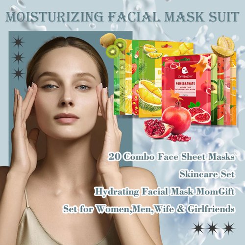 DWDiWen 20 Pack Sheets Face Mask Skincare Set,Deep Hydrating Facial Mask for Men & Women,Gentle Long Lasting Moisturizing Face Masks Skin Care for All Skin Types
