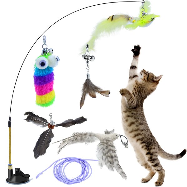 Toulideifaria Interactive Bird Simulation Cat Toy Set Suction Cup Cat Wand Toy for Indoor Cats Suitable for Kitten to Play Exercise
