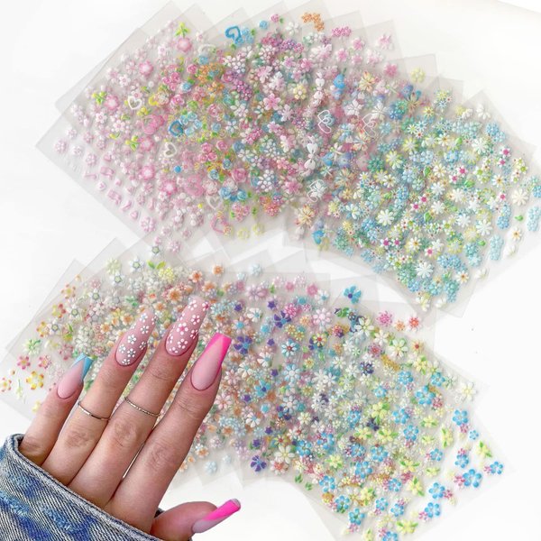 30 Sheets Nail Art Stickers Decals Flower Rose Daisy Cherry Blossoms 3D Self-Adhesive Nail Sticker Heart Chrysanthemum Nail Art Decoration Supplies