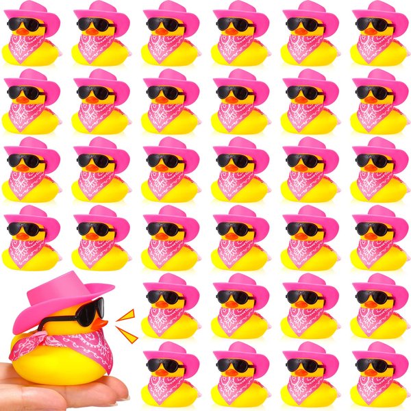 36 Set Cowboy Rubber Duck Mini Yellow Duckies Bath Party Toy Tiny Ducks Bathtub Toy with Cowboy Hat Paisley Bandanas Sunglasses for Summer Baby Shower Birthday Swimming Party (Bright Style)