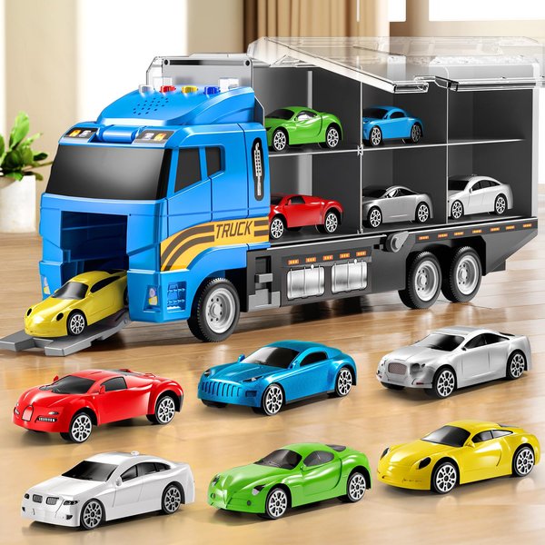 NIPLOOOW Toddler Boys Toys for 3 4 5 6 Years Old, Truck Vehicle Toy Set with Play Mat, Die-Cast Toy Car Carrier Truck for Boys Kids, Birthday Gifts Toys for 3 4 5 6 7 8+ Year Old Boys