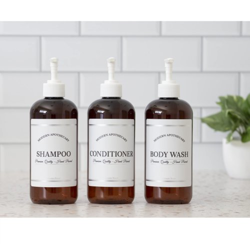 Amber Refillable Shampoo and Conditioner Bottles - Body Wash, Shampoo and Conditioner Dispenser - PET Plastic Shampoo Bottles Refillable with Pump - Waterproof Labels - 16 oz, 3 Pack (White Plastic)