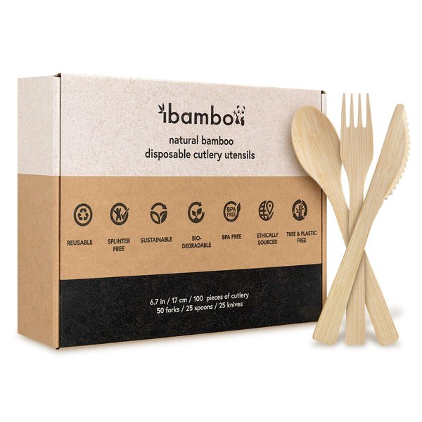 Ibambo 100% Bamboo Cutlery Set - 100 Biodegradable Utensils (50 Forks, 25 Spoons, 25 Knives) | Reusable or Disposable Bamboo Flatware | Compostable FSC Certified Utensils for Weddings, Camping, Party