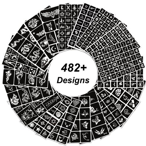 482pcs Temporary Tattoo Stencils, 20 Sheets Henna Tattoo Stencil Kit for Women Girls Kids and Boys Face Body Paint Reusable Glitter Tattoo Stencils Pack Party Favor Supplies