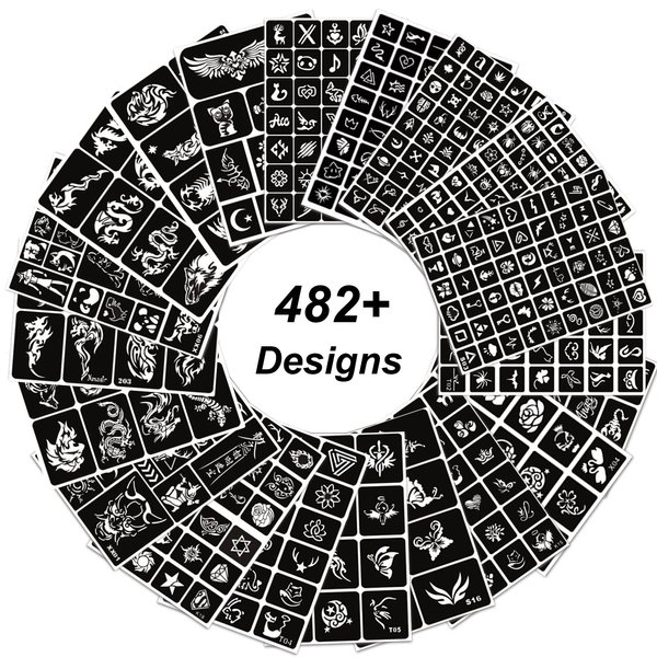 482pcs Temporary Tattoo Stencils, 20 Sheets Henna Tattoo Stencil Kit for Women Girls Kids and Boys Face Body Paint Reusable Glitter Tattoo Stencils Pack Party Favor Supplies