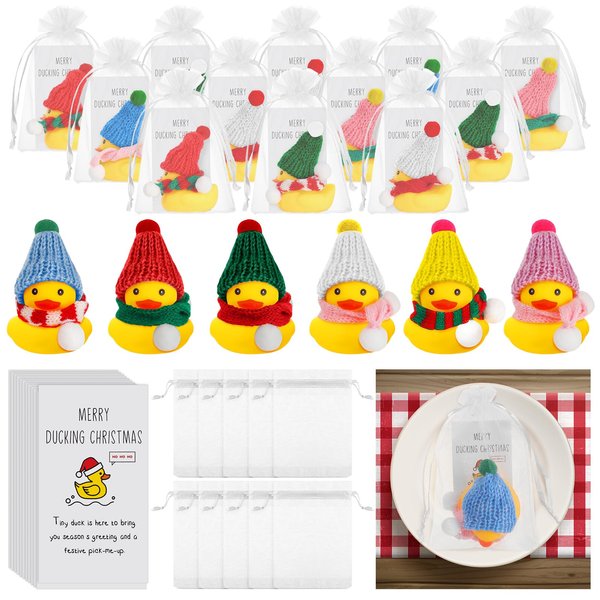 Wettarn Christmas Merry Mini Rubber Ducks with Scarf Hats Christmas Ducking Card Organza Bags Bulk Thank You Gift Set for Employee Teacher Students Team Coworkers Christmas Party Favors(24 Sets)