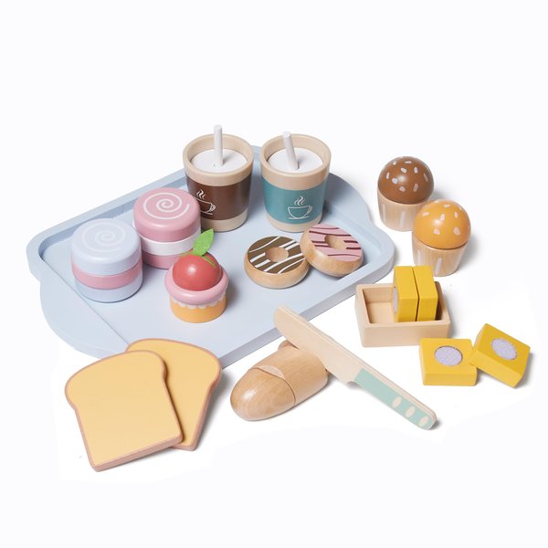 MONT PLEASANT 21pcs Wooden Breakfast Set Kids Pretend Play Toy Kitchen Accessories, Toddler Kitchen Playset with Coffee, Dessert, Cutting Bread, Butter, Wooden Toy Food Set Boys & Girls Birthday Gift