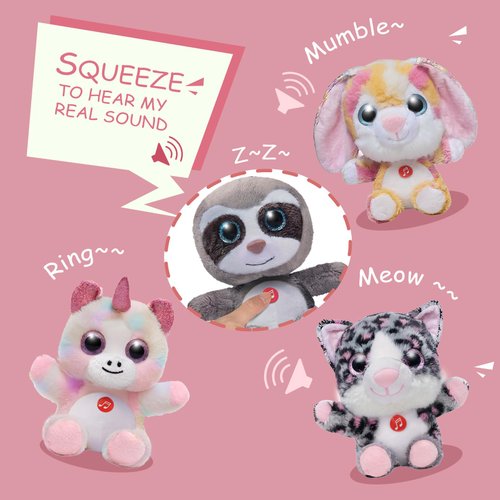 Nleio 7'' Stuffed Animals Talking Plush Toys, Cute Stuffed Animals Bulk Unicorn/Owl/Bunny/Narwhal/Sloth/Pink Rabbit Cat Small Animal with Sounds Plush Toys Set for Baby Girls Boys