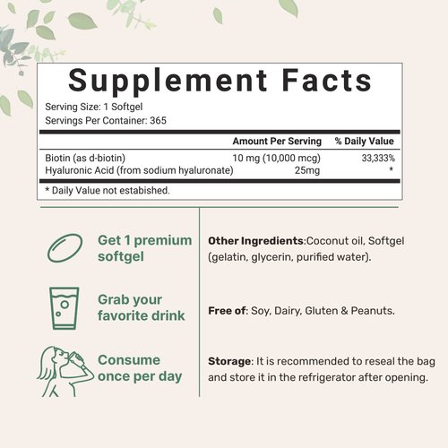 Micro Ingredients Biotin 10,000mcg w/Hyaluronic Acid 25mg | 365 Virgin Coconut Oil Softgels, Fast Release, One Year Supply, Supports Healthy Hair, Skin & Nails, Non-GMO & No Gluten