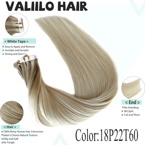 Tape in Hair Extensions Human Hair 22 Inch Ombre Medium Blonde with Platinum Blonde Highlights Human Hair Extensions 50g 20pcs Tape ins Skin Weft Hair Extensions Invisible Glue in Hair Extensions