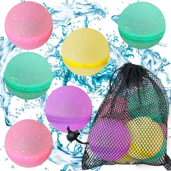 ArtCreativity Reusable Water Balloons for Kids, Set of 6 Self Sealing Water Splash Balls & Mesh Carry Bag, Silicone Water Balloons with Magnetic Closure, Summer Pool Water Games for Kids & Adults