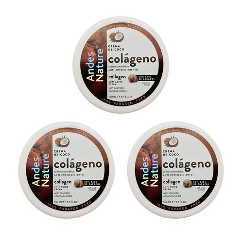 Andes Nature Cosmetic Coconut and Snail Extract Anti Aging Cream. Made with Collagen and Elastin. Reduces Wrinkles and Expression Lines. 5.1 fl.oz. Pack of 3
