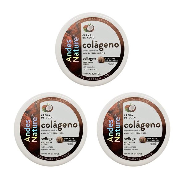 Andes Nature Cosmetic Coconut and Snail Extract Anti Aging Cream. Made with Collagen and Elastin. Reduces Wrinkles and Expression Lines. 5.1 fl.oz. Pack of 3