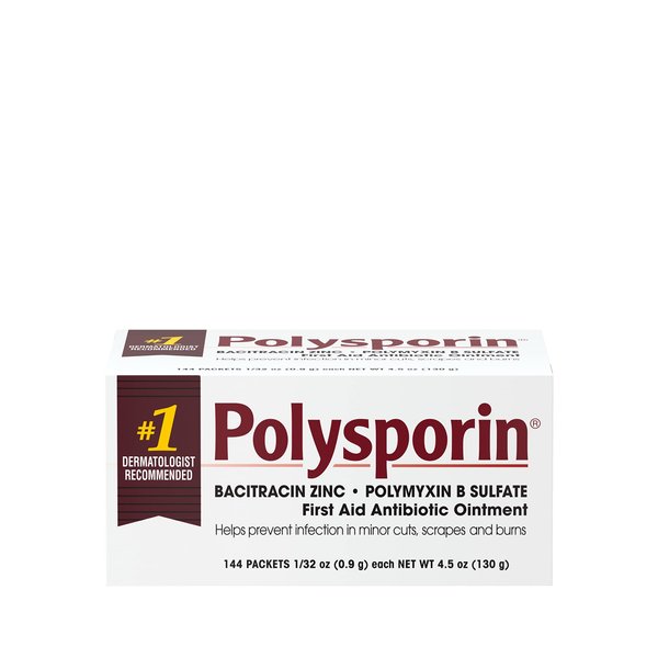 Polysporin First Aid Topical Antibiotic Ointment with Bacitracin Zinc & Polymyxin B Sulfate, for Portable Infection Protection & Wound Care Without Neomycin, Travel Size, 1/32 oz, 144 ct