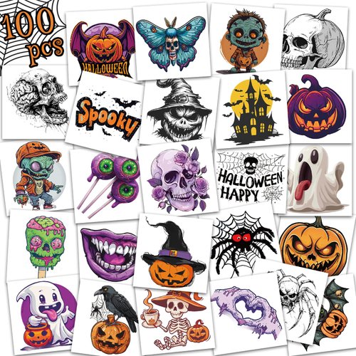 Ozepao 100 Pcs (2" x 2") Halloween Temporary Tattoos Stickers, Featuring Horror Pumpkins, Skeletons, Spooky Ghosts, Spider Webs, and More, Perfect for Party Favors Supplies Decorations