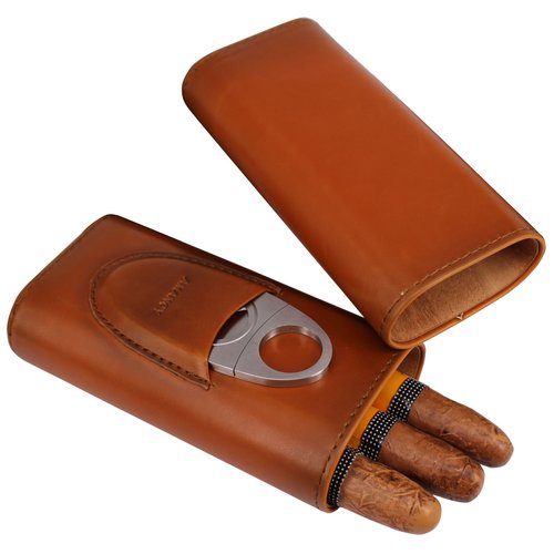 AMANCY Premium 3- Finger Brown Leather Cigar Case, Cedar Wood Lined Cigar Humidor with Silver Stainless Steel Cutter