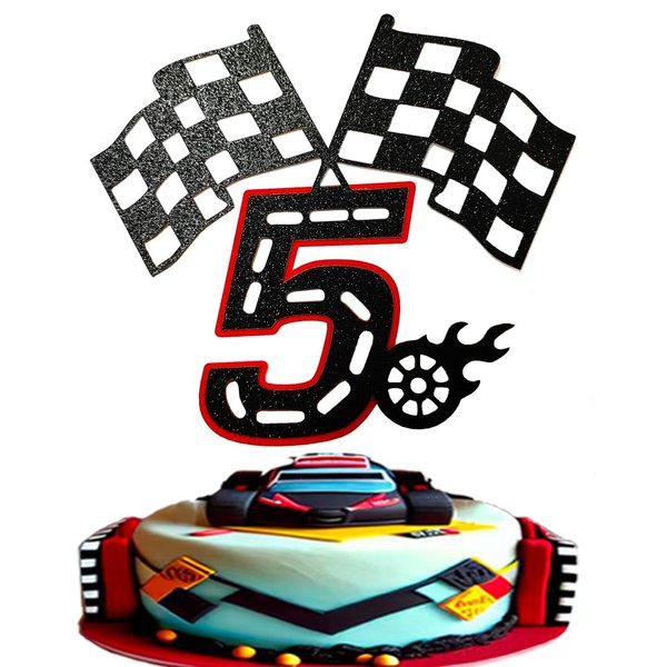 Racing Car 5th Birthday Cake Topper- Checkered Flag, Racing Track, Fire Wheel Cake Decoration Set for Kid's 5 Years old Sporty Car Birthday Party Supply