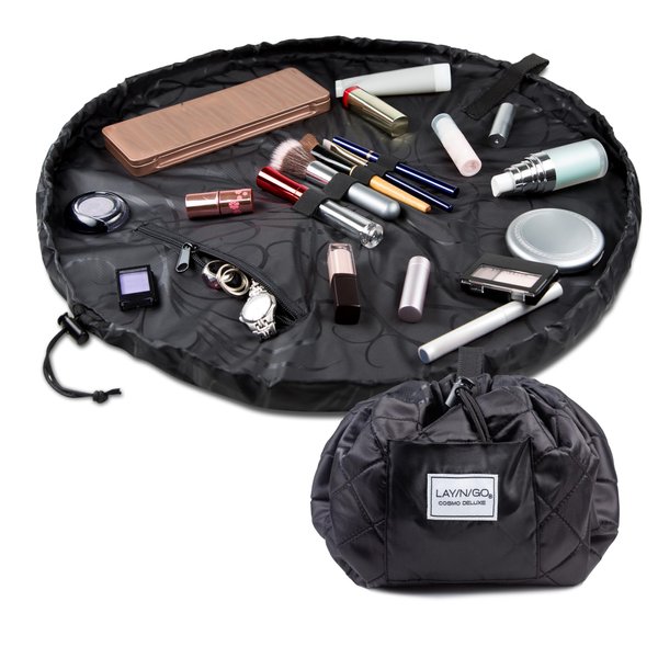 Lay-n-Go Cosmo Deluxe Drawstring Cosmetic & Makeup Bag Organizer, Toiletry Bag for Travel, Gifts, and Daily Use, 22 inch, Black