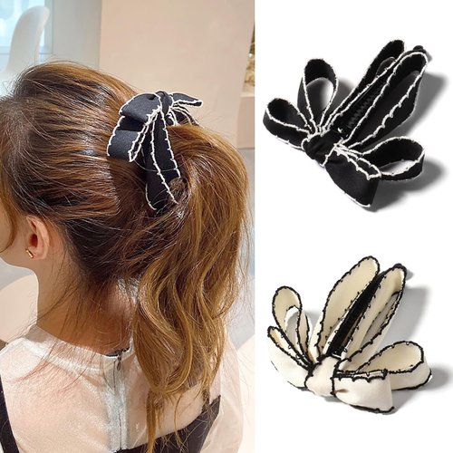 2 PCS Bow Banana Hair Clips, Ribbon Bowknot Ponytail Claw， Vertical Ponytail Claw Clip for Women Girls Banana Barrette Claw Hairpin Cute Ponytail Holder Hair Accessories
