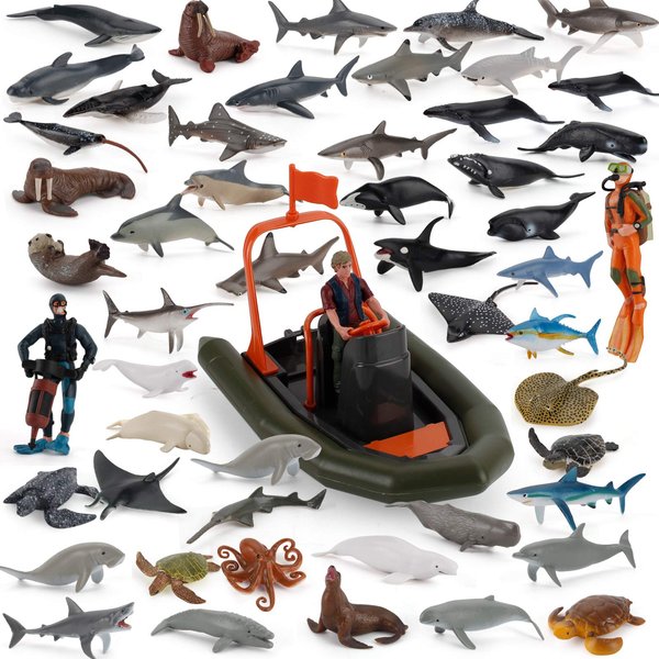 Fantarea 50 PCS Mini Ocean Sea Marine Animal Figures Model Whale Shark Turtle Diver Figurine Party Favors Supplies Cake Toppers Decoration Collection Bath Toys for Kid Boys Girls