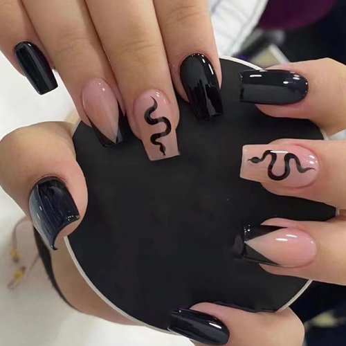 BAOYAALIN Black Press on Nails Medium Square Fake Nails with Exquisite Snakes Design Artificial Acrylic False Press ons Full Cover Stick on Nail for Women Girls Daily Wear Wedding Manicure 24Pcs