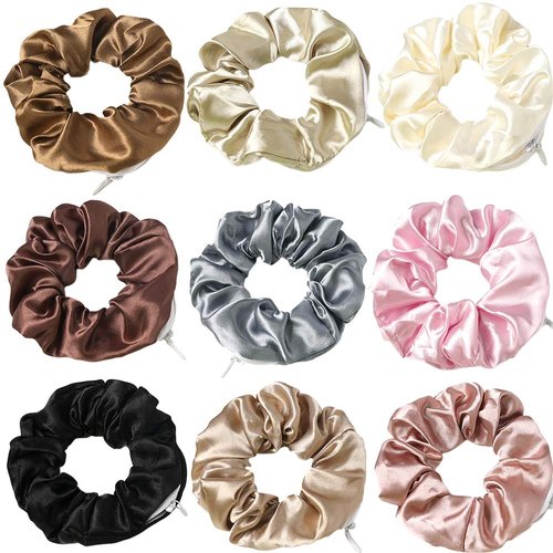 Women Premium Silk Scrunchie with zipper pouch hair ties Ropes secret zipper Hidden pocket scrunchies Tie Soft Stash Hair Elastic Ties for Vsco Girl Stuff Scrunchies (9 Pcs Silk Satin)
