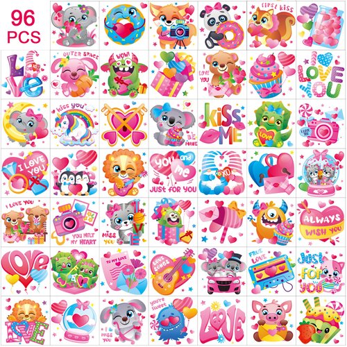 Qpout 96Pcs Valentines Day Temporary Tattoos for Kids 48 Designs Cute Love Heart Face Waterproof Tattoo Stickers for Valentine Gift Exchange Classroom School Prizes Valentines Day Party Favors