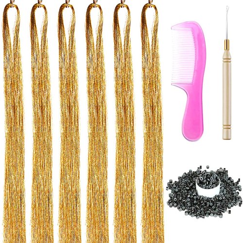 6 Packs 43 Inch Hair Tinsel Extensions with Tools Kit 1200 Strands Tinsel Hair Extensions for Women Girls Heat Resistant Sparkling Shiny Glitter Hair Pieces for Christmas Cosplay Party (43 inch, gold)