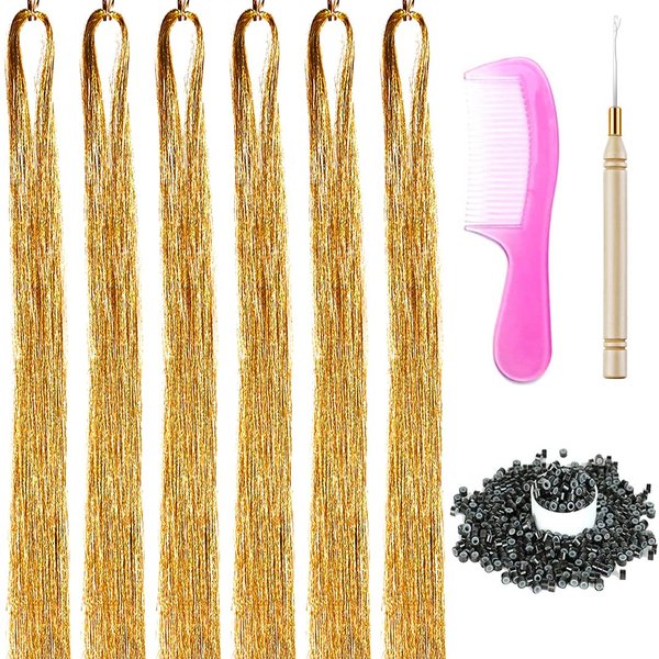 6 Packs 43 Inch Hair Tinsel Extensions with Tools Kit 1200 Strands Tinsel Hair Extensions for Women Girls Heat Resistant Sparkling Shiny Glitter Hair Pieces for Christmas Cosplay Party (43 inch, gold)