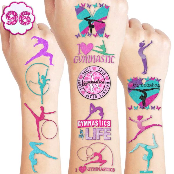 115 PCS Gymnastics Gymnast Gymnastic Temporary Tattoos Birthday Themed Party Decorations Favors Supplies Decor Cute Dance Cheerleader Stickers Gifts for Kids Boys Girls Carnival Christmas Class Prizes