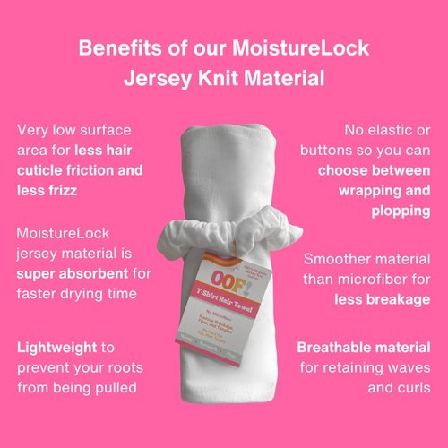 OOF! No More Poof! 100% Cotton Pink T-Shirt Hair Towel + Zero Microfiber + Soft, Lightweight + Reduce Breakage, Frizz & Tangles! + Perfect for Plopping and Curly Hair Care + Turban Head Wrap