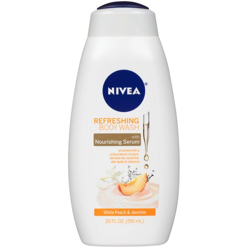 NIVEA Refreshing White Peach and Jasmine Body Wash, Scented Body Wash with Nourishing Serum, Plant-Derived Oils, Essential Skin Lipids and Vitamins, 20 Fl Oz Bottle