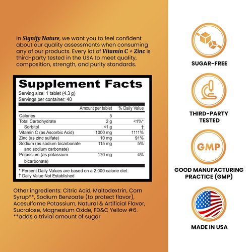 SIGNIFY NATURE Vitamin C 1000mg Effervescent Tablets - Potent Immune Support VIT C with Zinc Supplement - Sugar-Free & Vegan Formula | Dissolvable Vitamin C Tablets - Water Soluble Fizzy Elixir - 40CT